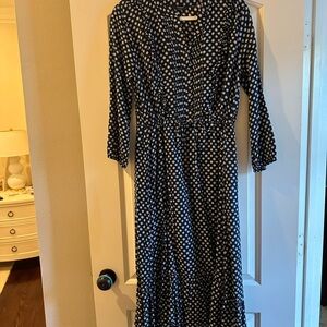 Lucky Brand Navy and White Polka Dot Long Sleeve Dress